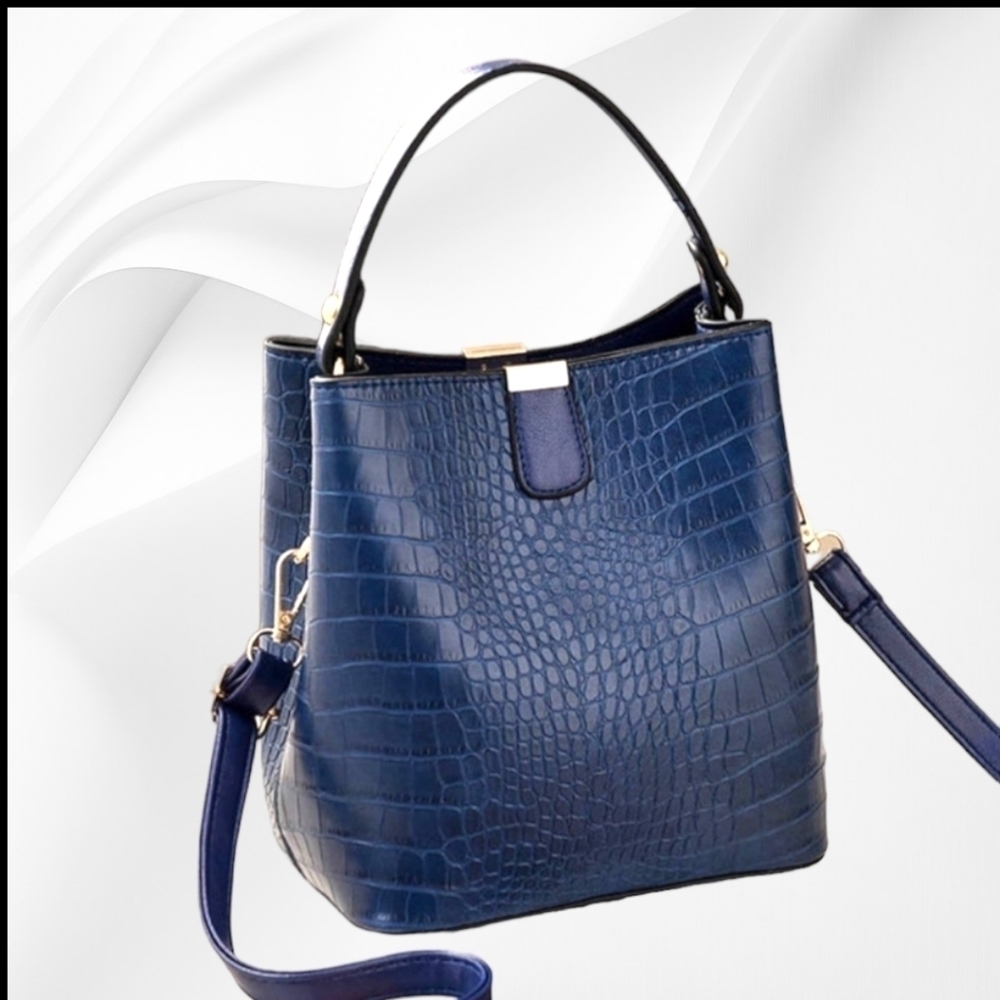 Crocodile Embossed Faux Leather Bucket Bag...